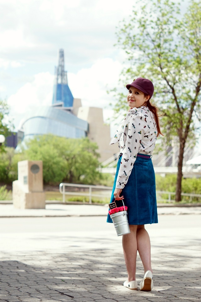 Winnipeg Style fashion stylist, Loly in the sky Hello Love Tamara flats, Chicwish Nature buddies bug critter bow chiffon top, Rose colored glasses rose pail Paint the town rose bag handbag, Danier Leather blue suede skirt, Banana republic bug beetle brooch earrings